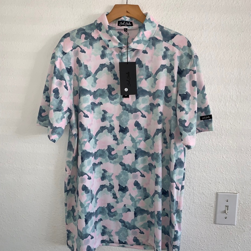 Bad Birdie‎ Mens Golf Polo Shirt Pink Mint Blue Watercolor Camo Size Large NWT - Picture 4 of 5